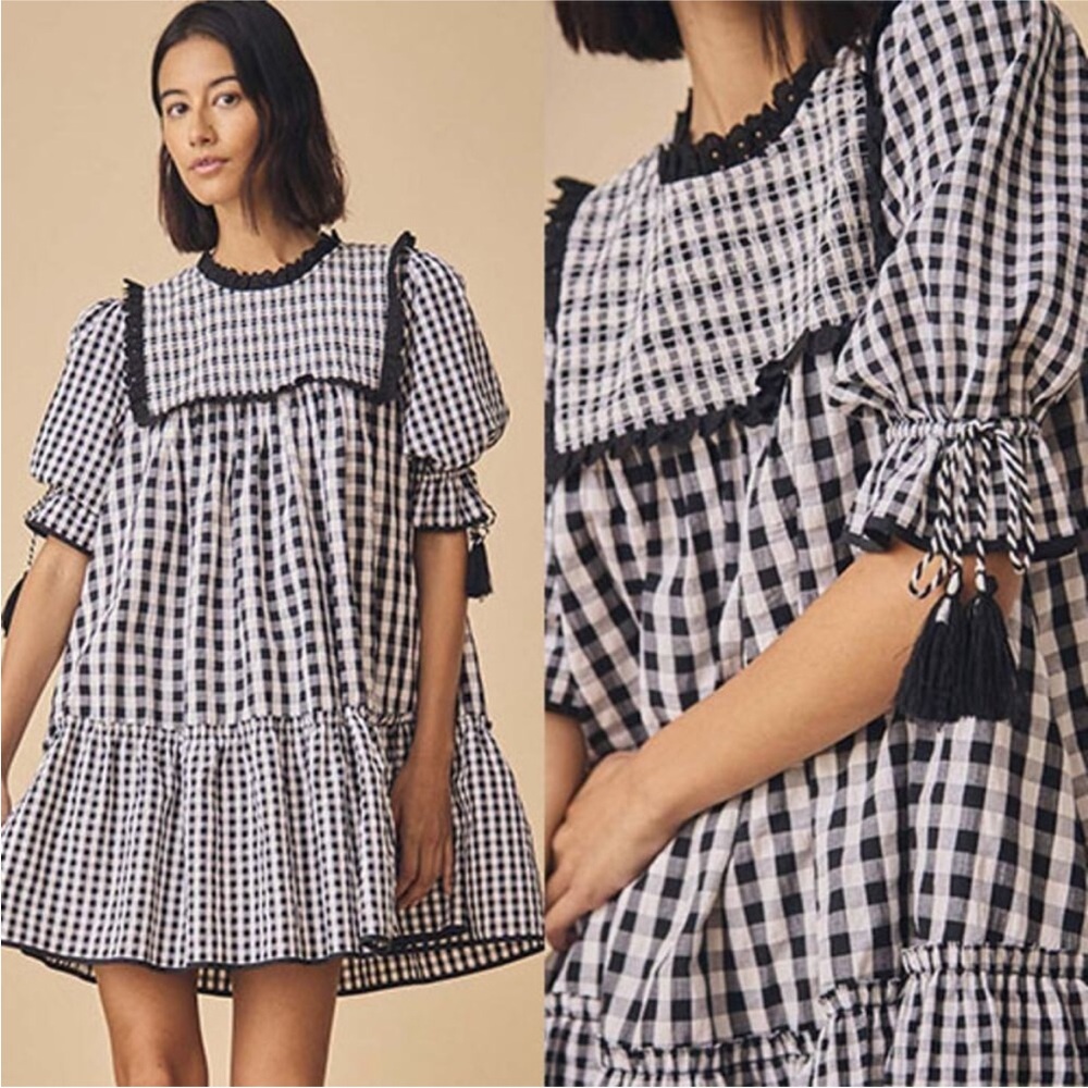 NEW Hunter Bell Megan Gingham Smocked Puff Sleeve Black & White Mini Dress